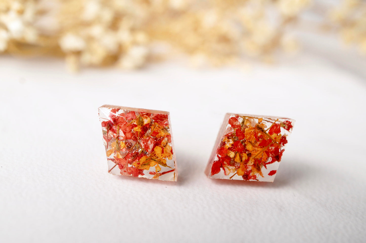 Real Dried Flowers and Resin Diamond Stud Earrings in Red and Orange