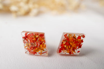 Real Dried Flowers and Resin Diamond Stud Earrings in Red and Orange