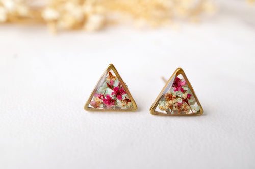 Real Dried Flowers and Resin Triangle Stud Earrings in Baby Blue Magenta White