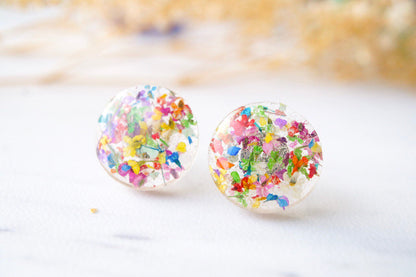 Real Dried Flowers and Resin Circle Stud Earrings in Party Mix