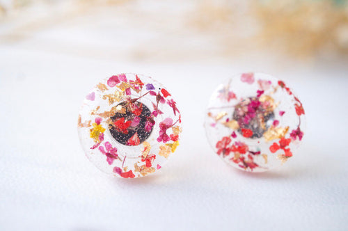 Real Dried Flowers and Resin Circle Stud Earrings in Red Pink and Gold Flakes