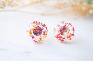 Real Dried Flowers and Resin Circle Stud Earrings in Red Pink and Gold Flakes