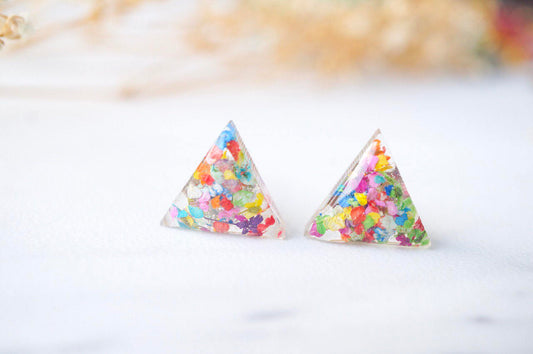 Real Dried Flowers and Resin Triangle Stud Earrings in Party Mix