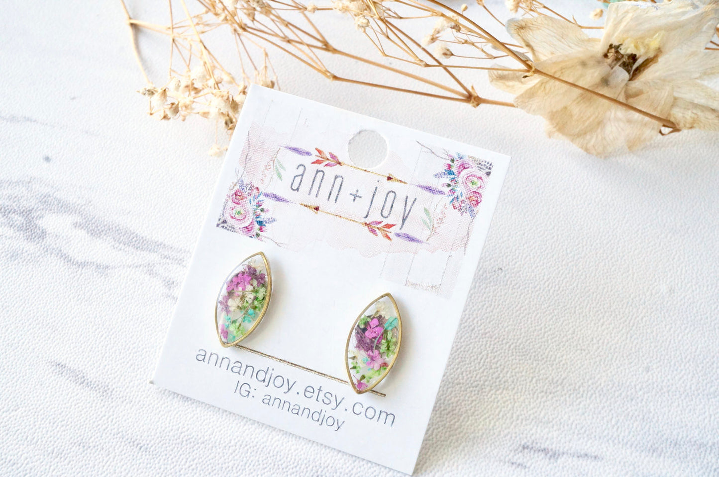 Real Dried Flowers and Resin Eye Stud Earrings in Jewel Mix