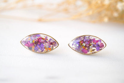 Real Dried Flowers and Resin Eye Stud Earrings in Purple Mix