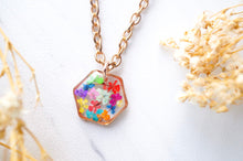Real Dried Flowers in Resin Necklace, Small Rose Gold Hexagon in Party Mix