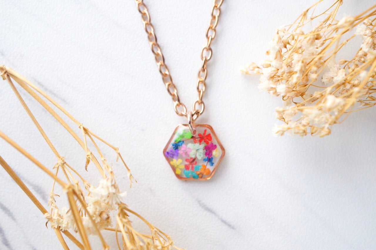 Real Dried Flowers in Resin Necklace, Small Rose Gold Hexagon in Party Mix