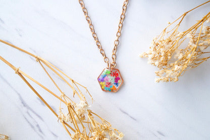 Real Dried Flowers in Resin Necklace, Small Rose Gold Hexagon in Party Mix