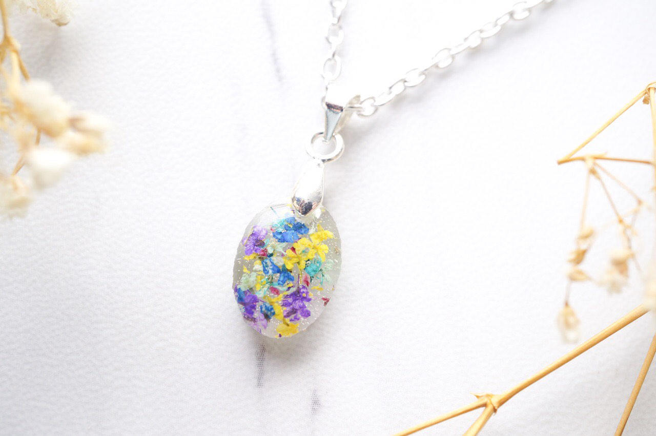 Real Dried Flowers in Oval Resin Necklace in Blue Mint Yellow Purple