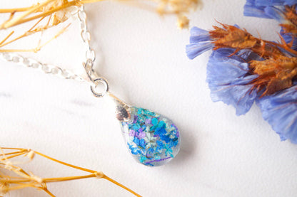 Real Dried Flowers in Teardrop Resin Necklace in Blue Mint Teal Purple