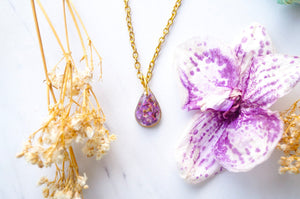 Real Dried Flowers and Resin Necklace, Small Gold Teardrop in Purples