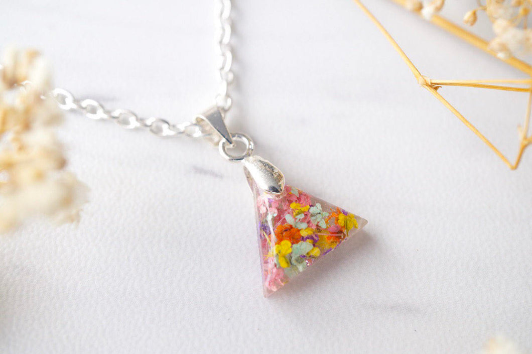 Real Dried Flowers in Triangle Resin Necklace in Pastel Mix