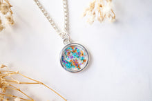 Real Dried Flowers in Resin Necklace, Small Silver Circle in Orange Purple Blue