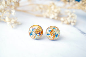 Real Dried Flowers and Resin on Wood Stud Earrings in Blue Orange Mint White