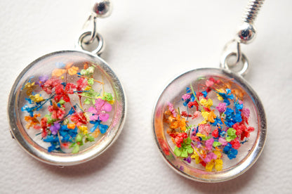 Real Dried Flowers and Resin Earrings, Silver Circle Drops in Party Mix