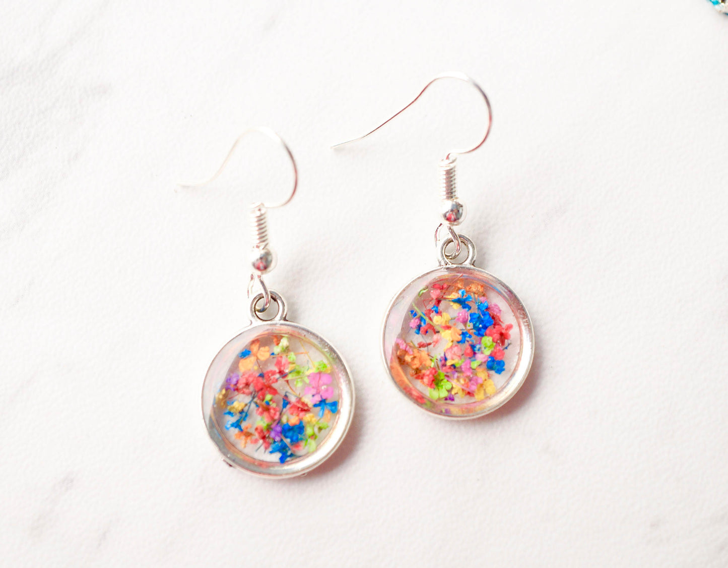 Real Dried Flowers and Resin Earrings, Silver Circle Drops in Party Mix