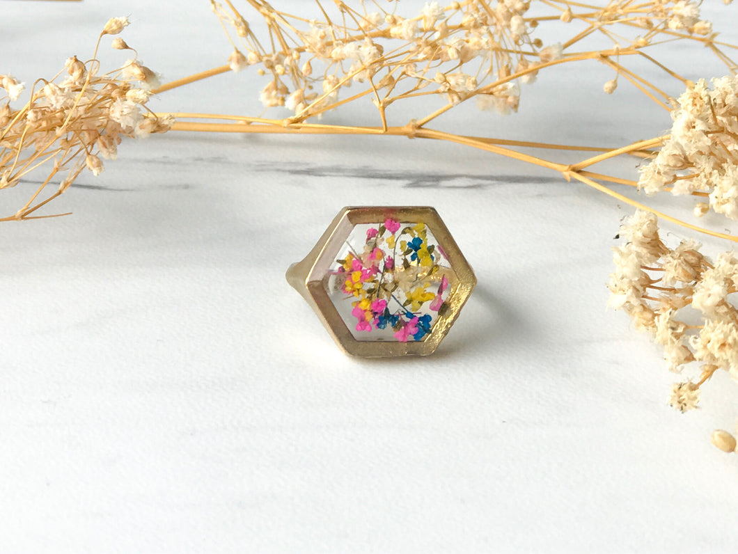 Real Pressed Flower and Resin Hexagon Gold Ring in Yellow Pink and Blue