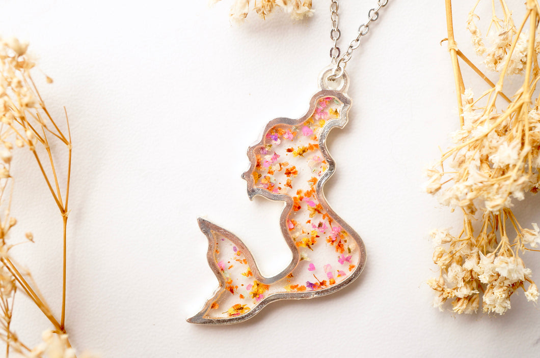 Real Dried Flowers in Resin Necklace, Silver Mermaid in Pink Orange Yellow Mix