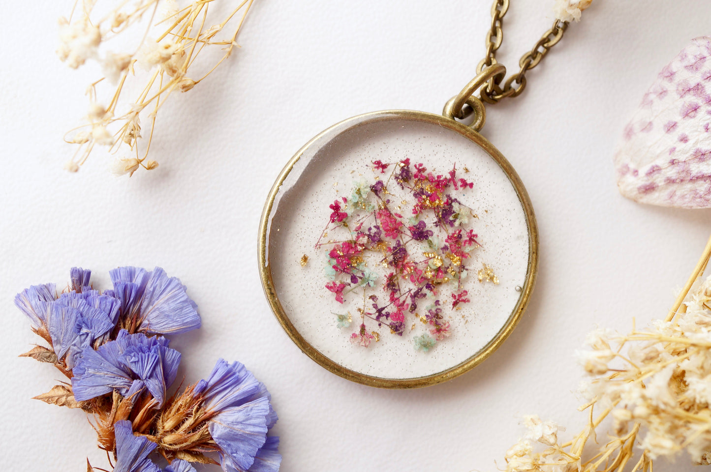 Real Dried Flowers in Resin, Circle Necklace in Pink Purple Mint Gold Flakes