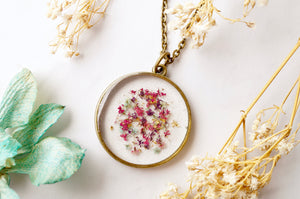 Real Dried Flowers in Resin, Circle Necklace in Pink Purple Mint Gold Flakes