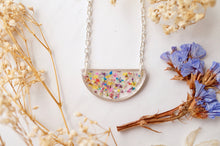 Real Dried Flowers in Resin Necklace, Silver Half Circle in White and Mint