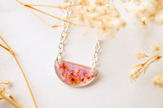 Real Dried Flowers in Resin Necklace, Small Silver Half Circle in Pink Orange Mix