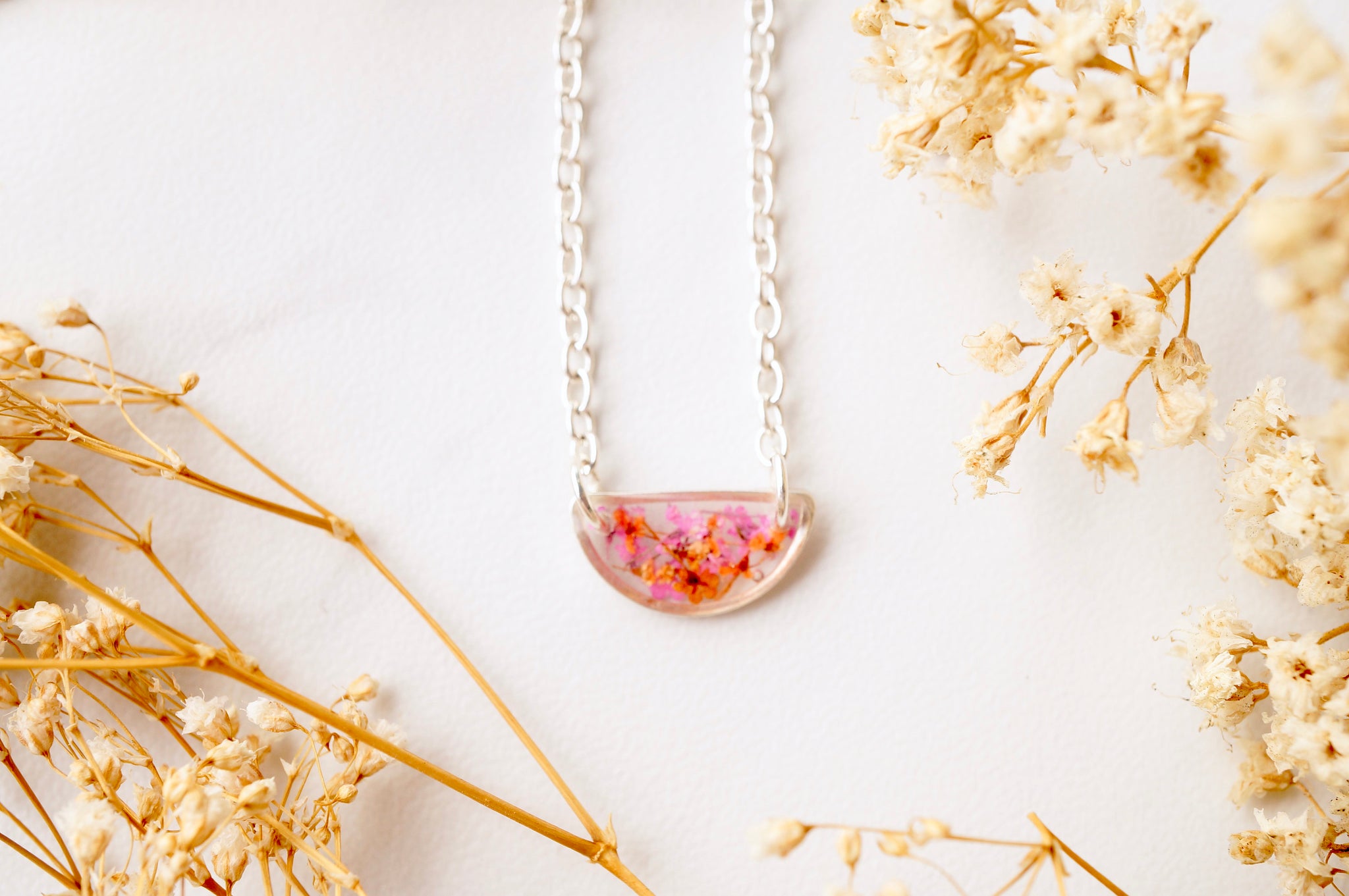 Real Dried Flowers in Resin Necklace, Small Silver Half Circle in Pink Orange Mix 28