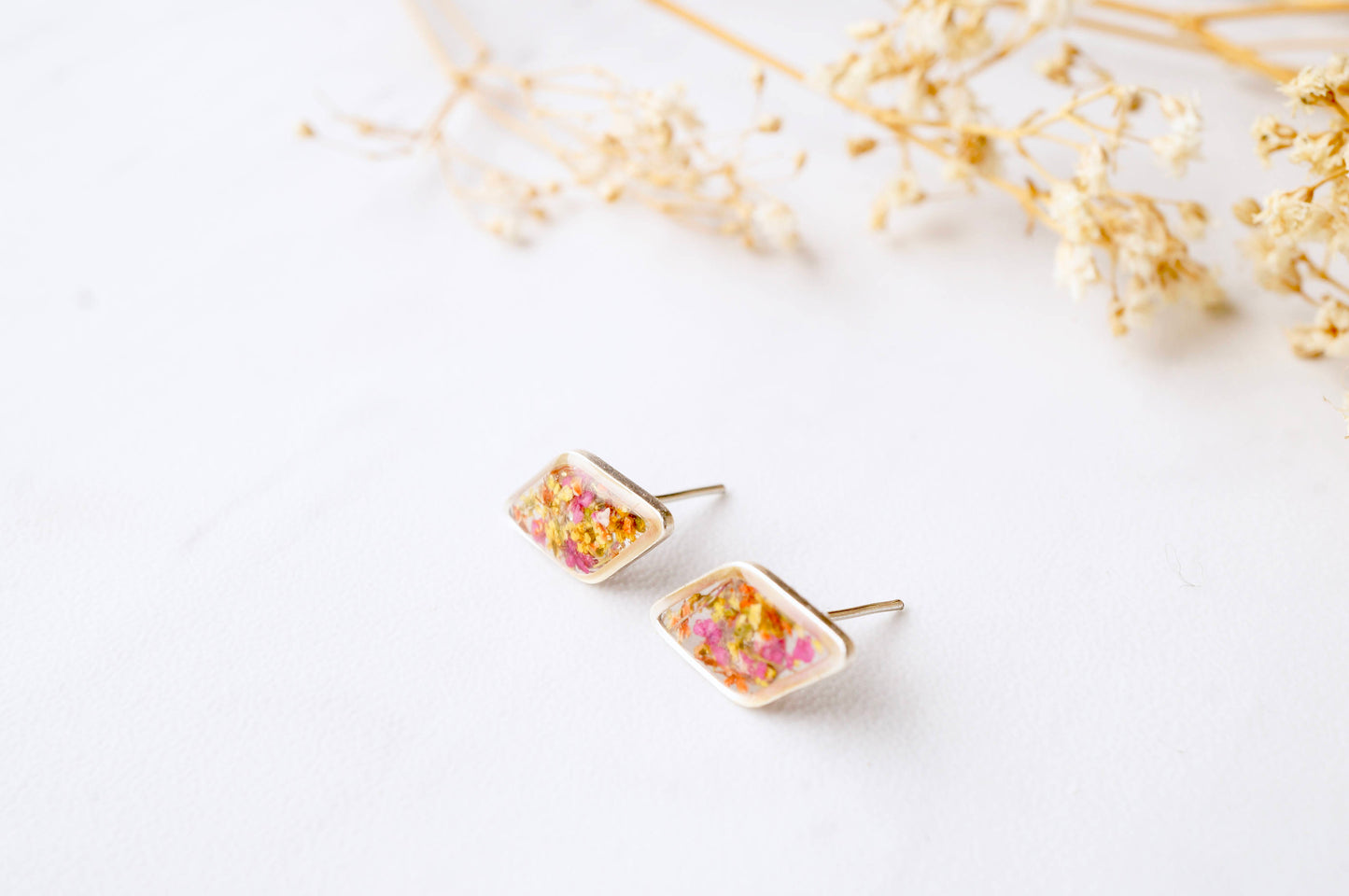 Real Dried Flowers and Resin Diamond Stud Earrings in Orange Yellow and Pink Mix