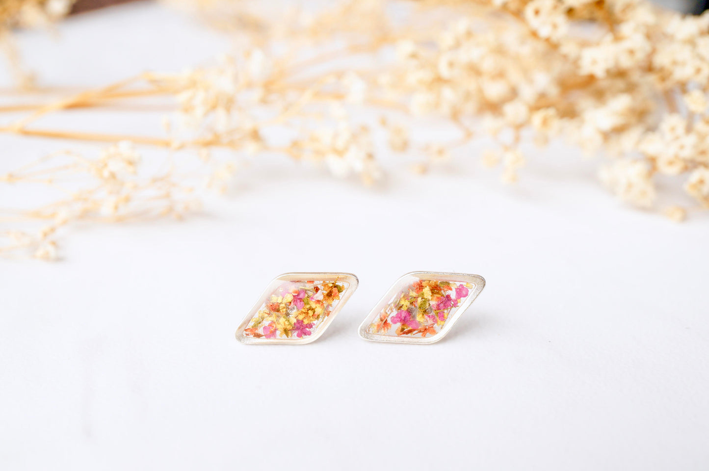 Real Dried Flowers and Resin Diamond Stud Earrings in Orange Yellow and Pink Mix