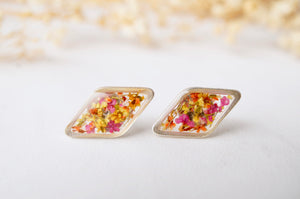 Real Dried Flowers and Resin Diamond Stud Earrings in Orange Yellow and Pink Mix