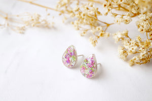 Real Dried Flowers and Resin Teardrop Stud Earrings in Pink Green Purple Mint and White