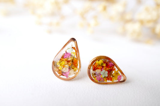 Real Dried Flowers and Resin Stud Earrings, Gold Teardrop in Red Orange Yellow Pink Mint and White mix