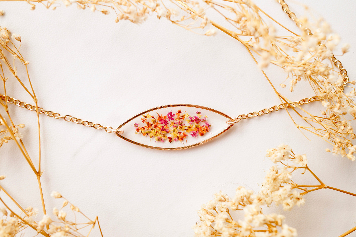 Real Dried Flowers and Resin Bracelet, Rose Gold in Red Orange Yellow Mix