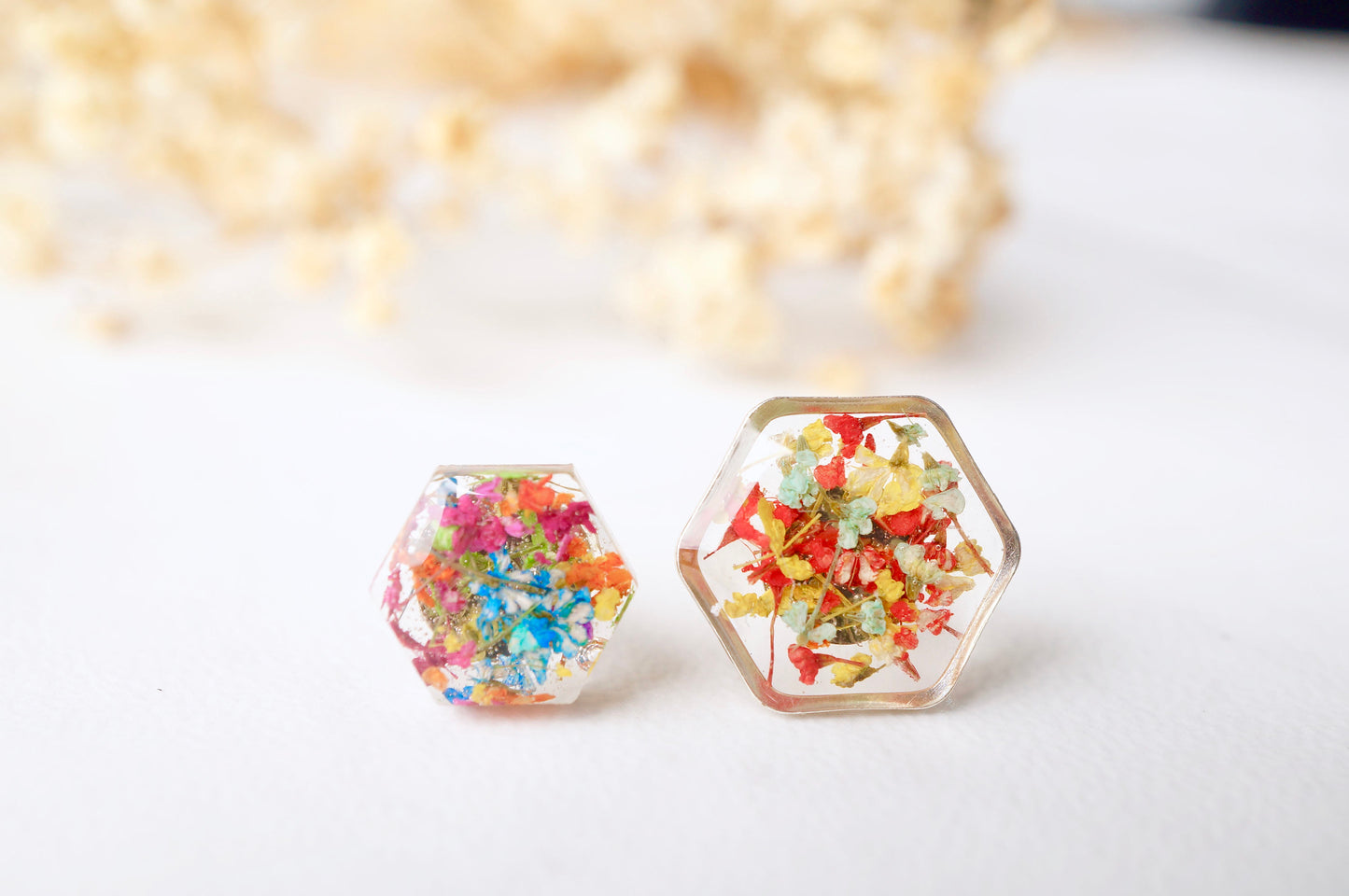 Real Dried Flowers and Resin Hexagon Stud Earrings in Party Mix