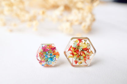 Real Dried Flowers and Resin Hexagon Stud Earrings in Party Mix