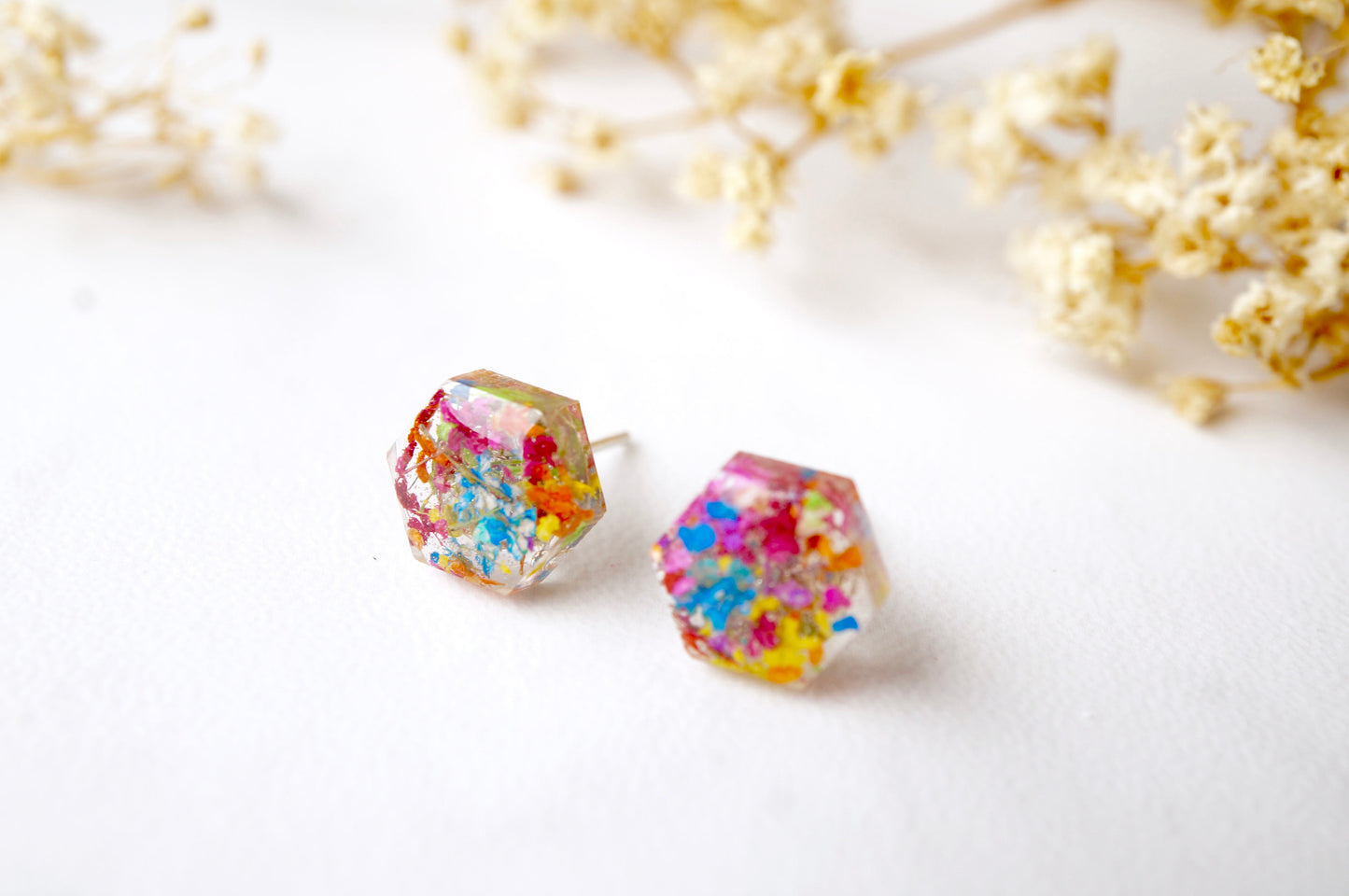 Real Dried Flowers and Resin Hexagon Stud Earrings in Party Mix