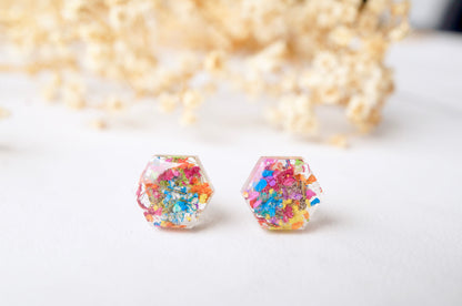 Real Dried Flowers and Resin Hexagon Stud Earrings in Party Mix