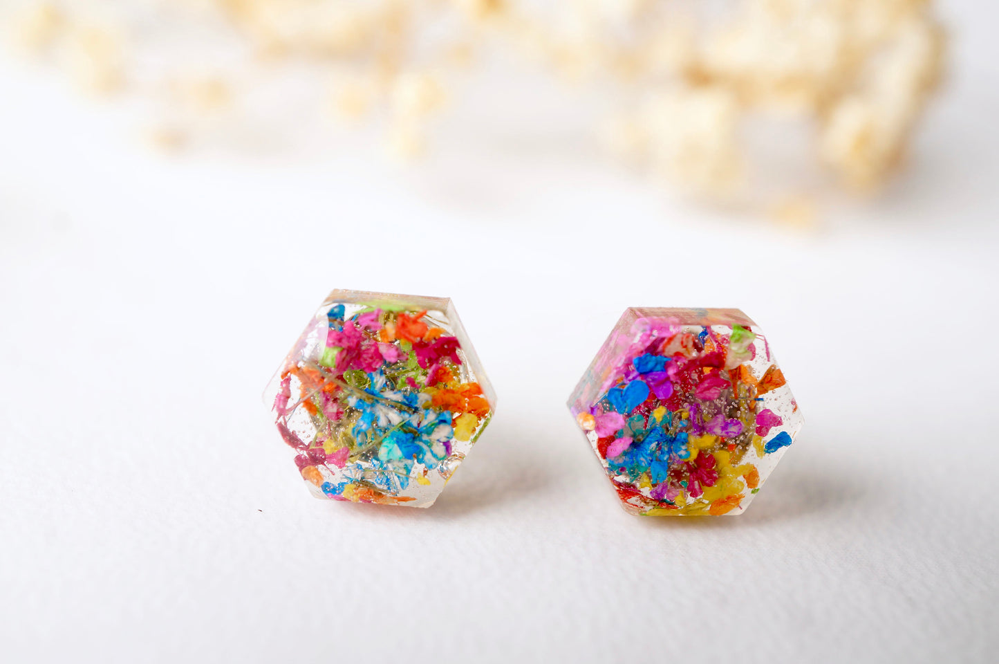 Real Dried Flowers and Resin Hexagon Stud Earrings in Party Mix