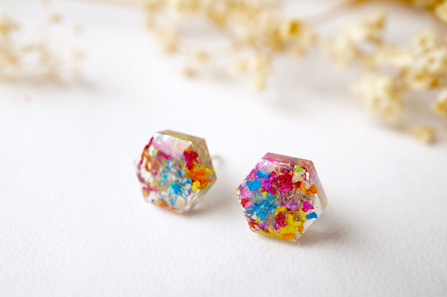 Real Dried Flowers and Resin Hexagon Stud Earrings in Party Mix