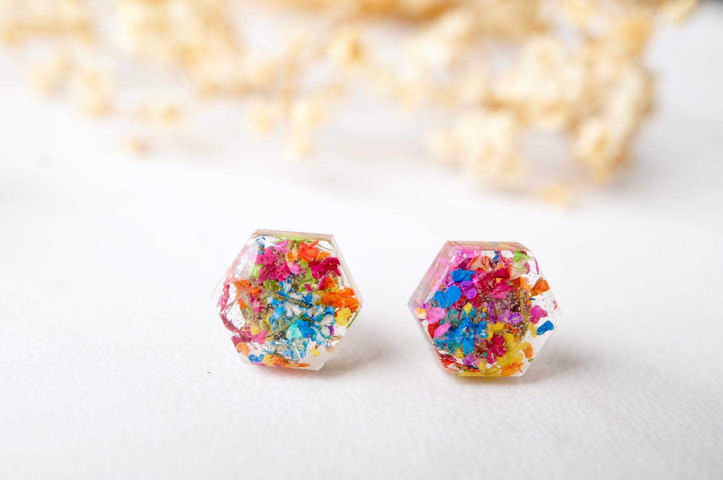 Real Dried Flowers and Resin Hexagon Stud Earrings in Party Mix