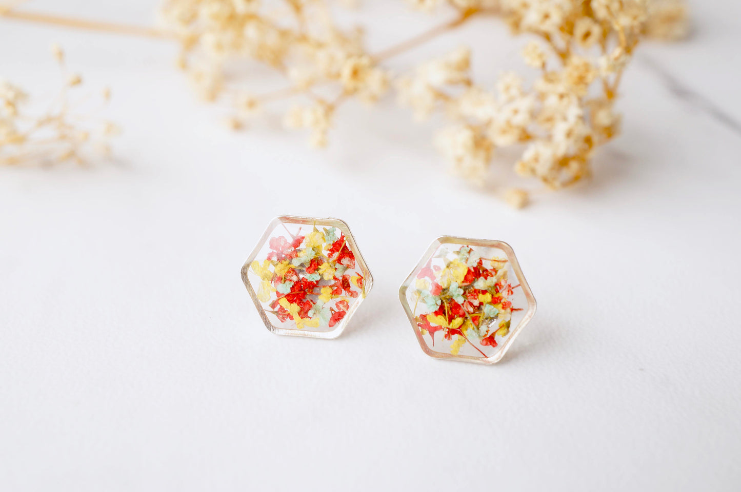 Real Dried Flowers and Resin Stud Earrings, Gold Hexagon in Red Yellow and Mint mix