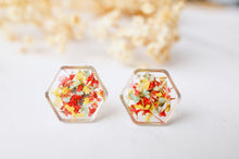 Real Dried Flowers and Resin Stud Earrings, Gold Hexagon in Red Yellow and Mint mix