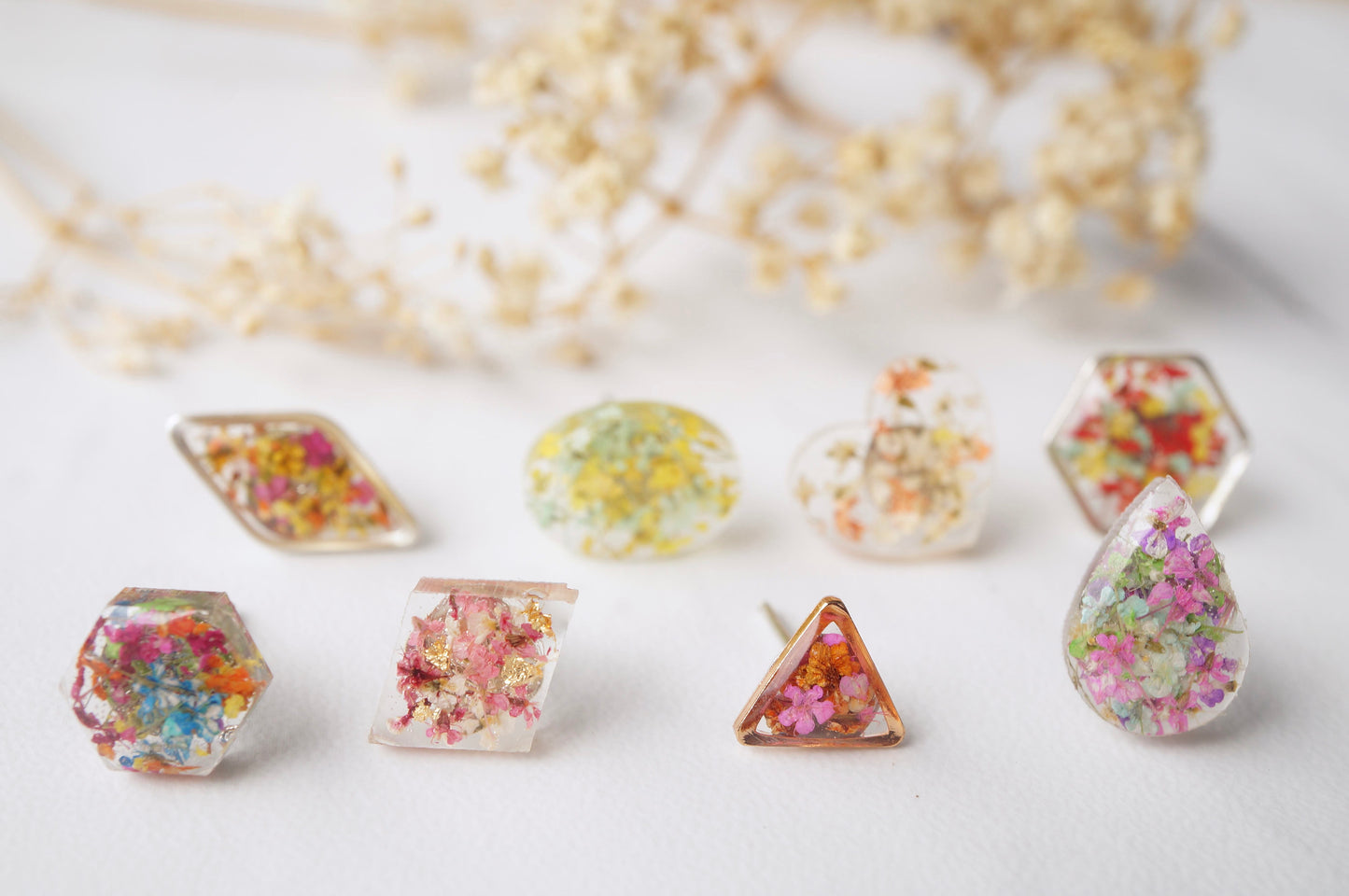 Real Dried Flowers and Resin Stud Earrings, Gold Hexagon in Red Yellow and Mint mix