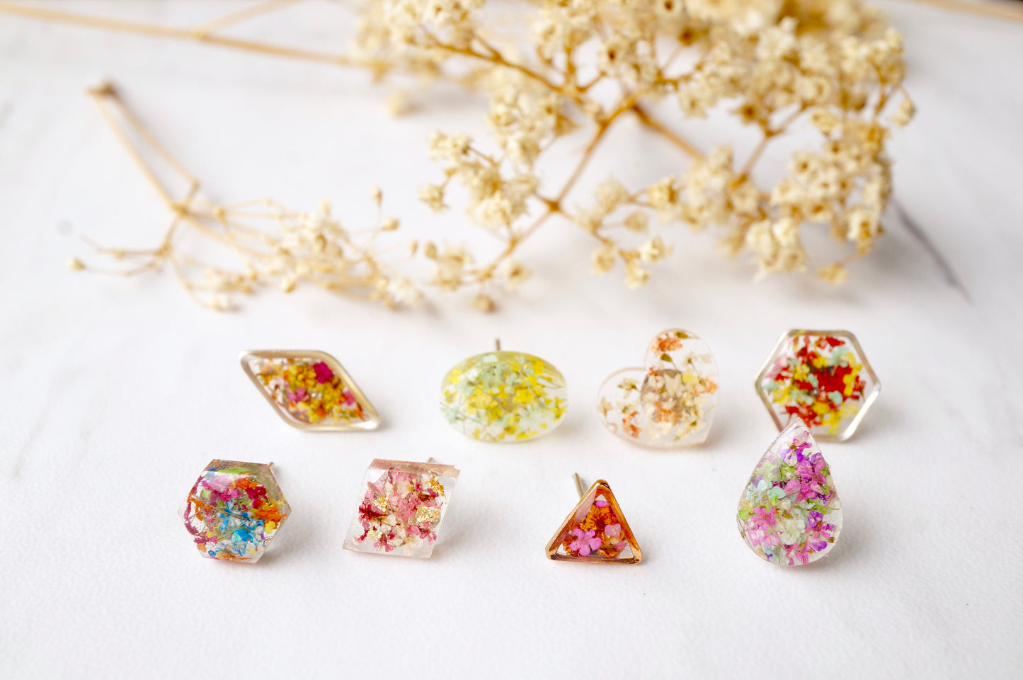 Real Dried Flowers and Resin Stud Earrings, Gold Hexagon in Red Yellow and Mint mix