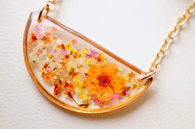 Real Dried Flowers in Resin Necklace, Half Circle in Orange Yellow Pink and White mix