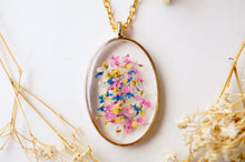 Real Pressed Flower and Resin Necklace Gold Oval in Pink Yellow Blue and White