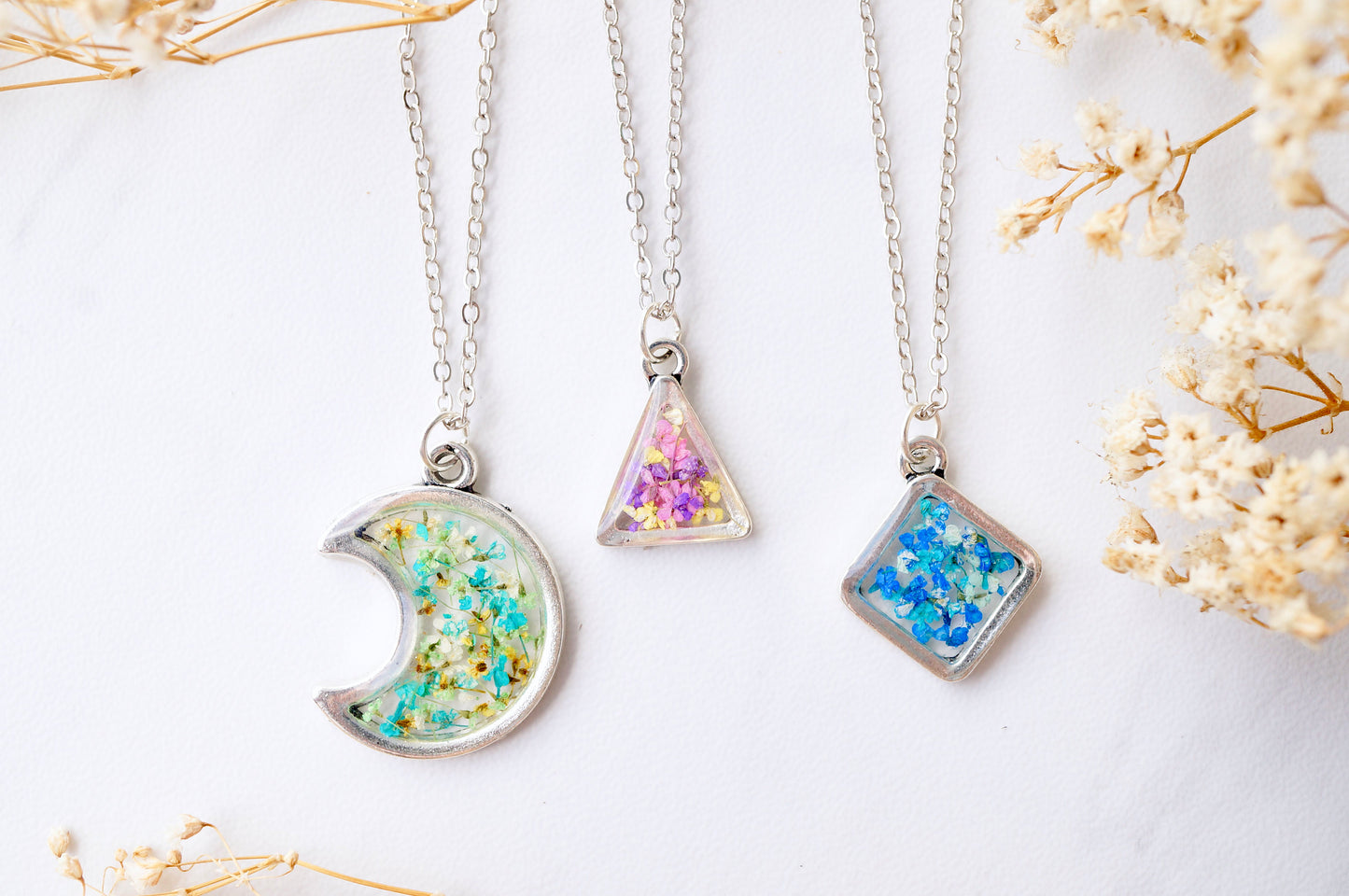Real Dried Flowers and Resin Necklace, Silver Moon in Purple Pink and Silver Foil Flakes