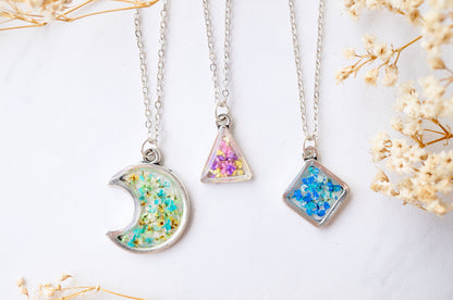 Real Dried Flowers and Resin Necklace, Silver Moon in Purple Pink and Silver Foil Flakes