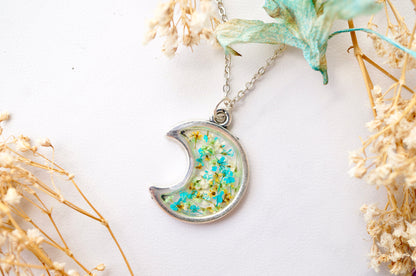 Real Pressed Flowers and Resin Necklace, Celestial Silver Moon in Teal Green Yellow