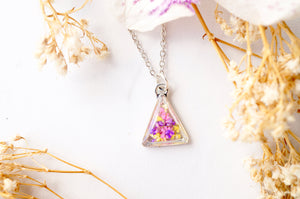 Real Dried Flowers and Resin Necklace, Silver Triangle in Pink Purple Yellow